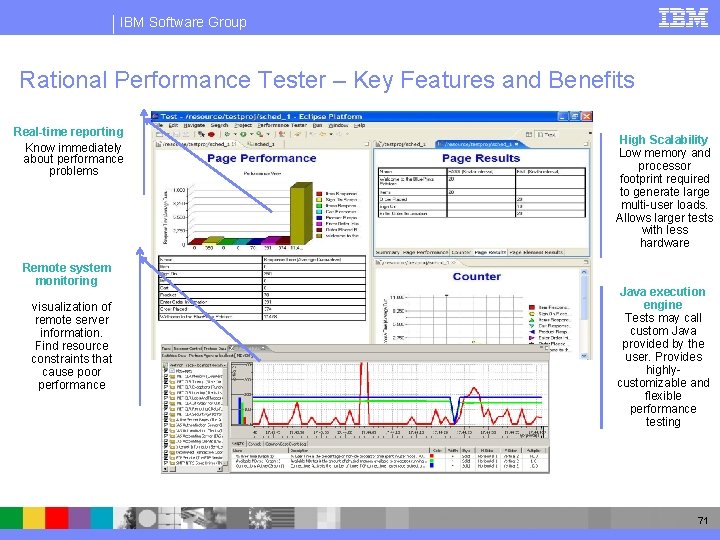 IBM Software Group Rational Performance Tester – Key Features and Benefits Real-time reporting Know