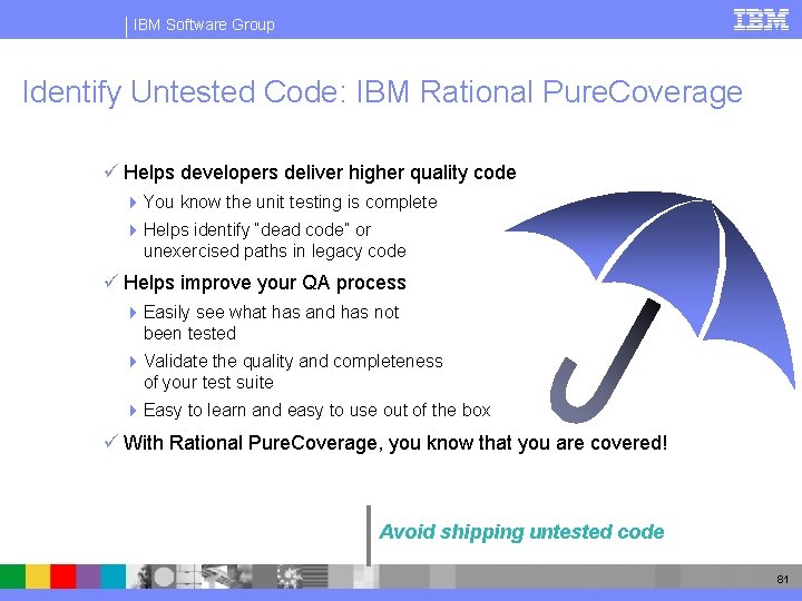 IBM Software Group Identify Untested Code: IBM Rational Pure. Coverage ü Helps developers deliver