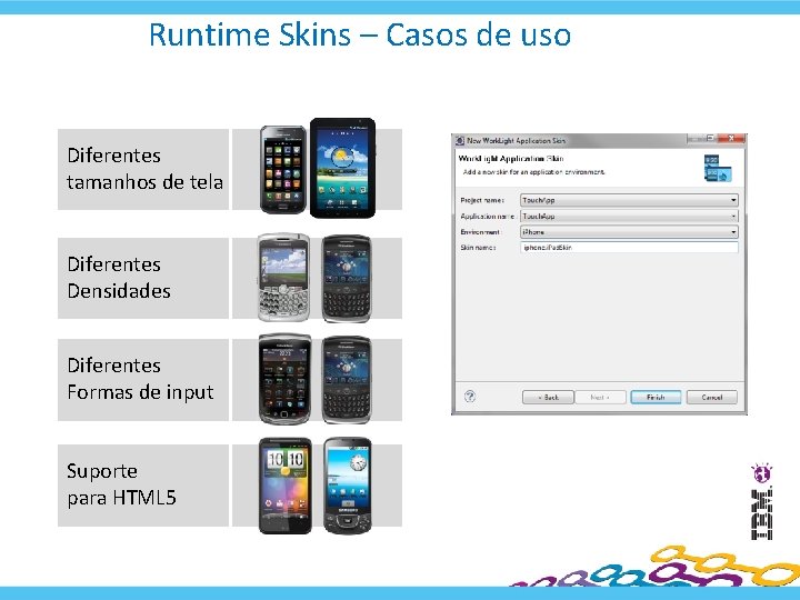 Runtime Skins – Casos de uso Diferentes tamanhos de tela Diferentes Densidades Diferentes Formas