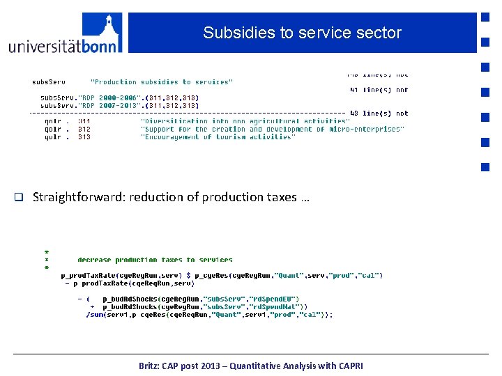 Subsidies to service sector q Straightforward: reduction of production taxes … Britz: CAP post