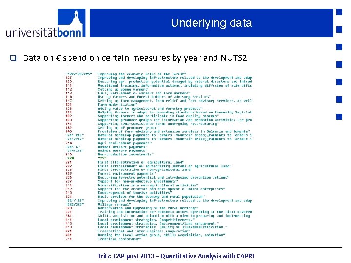 Underlying data q Data on € spend on certain measures by year and NUTS