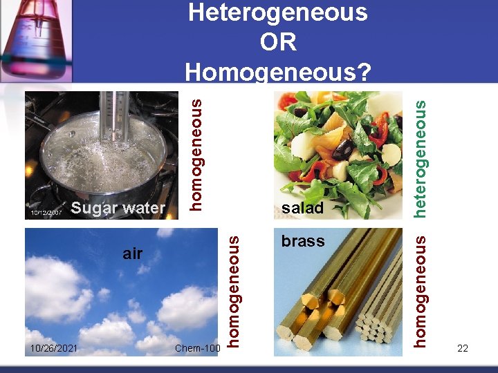 10/26/2021 Chem-100 brass heterogeneous homogeneous air salad homogeneous Sugar water homogeneous Heterogeneous OR Homogeneous?