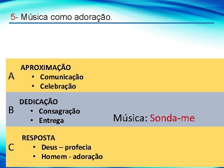 5 - Música como adoração. A APROXIMAÇÃO • Comunicação • Celebração B DEDICAÇÃO •