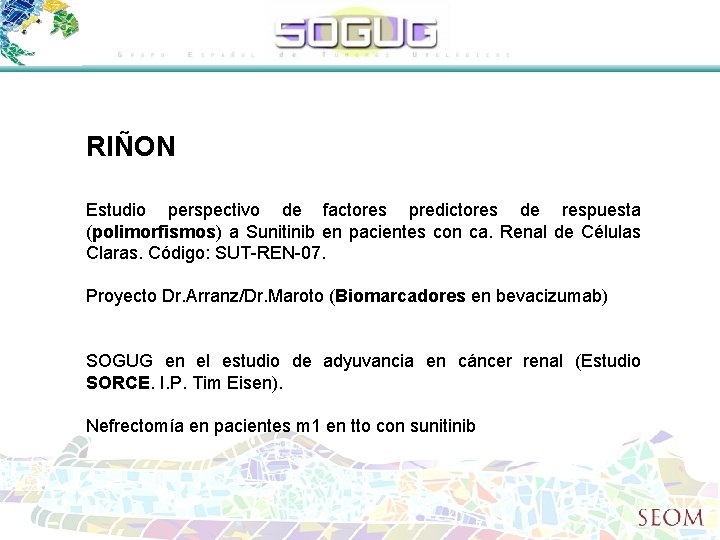 RIÑON Estudio perspectivo de factores predictores de respuesta (polimorfismos) a Sunitinib en pacientes con