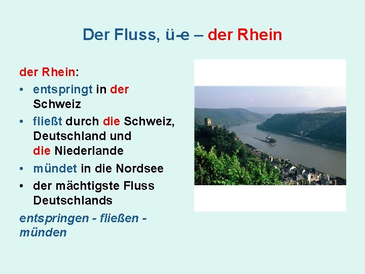 Der Fluss, ü-e – der Rhein: • entspringt in der Schweiz • fließt durch