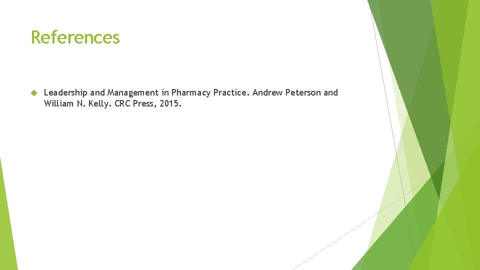 References Leadership and Management in Pharmacy Practice. Andrew Peterson and William N. Kelly. CRC