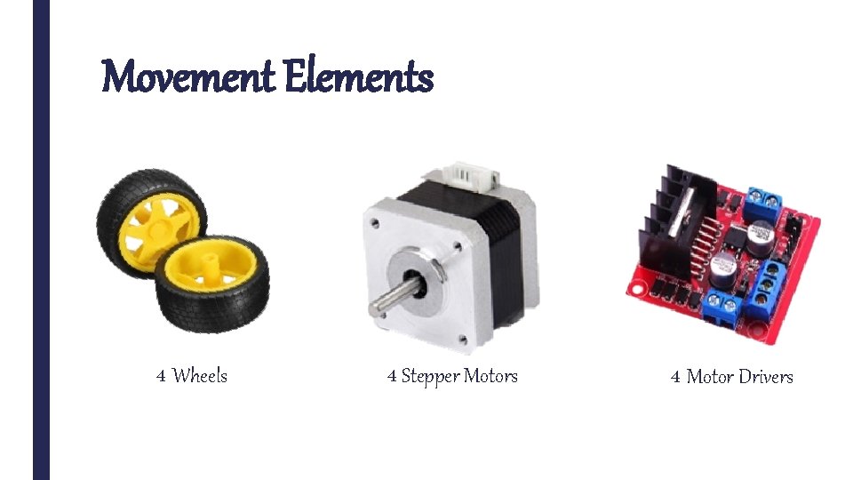 Movement Elements 4 Wheels 4 Stepper Motors 4 Motor Drivers 