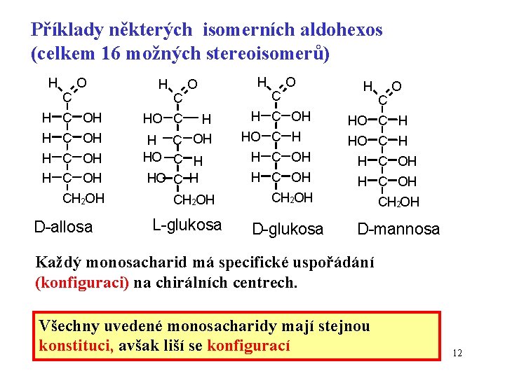 Příklady některých isomerních aldohexos (celkem 16 možných stereoisomerů) H C OH H C O