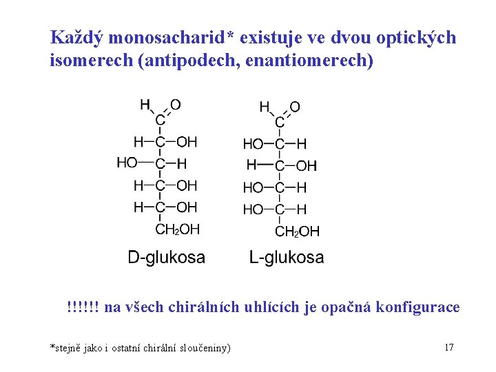 Každý monosacharid* existuje ve dvou optických isomerech (antipodech, enantiomerech) !!!!!! na všech chirálních uhlících