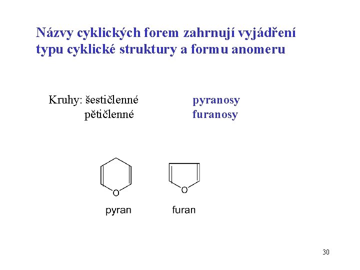 Názvy cyklických forem zahrnují vyjádření typu cyklické struktury a formu anomeru Kruhy: šestičlenné pětičlenné