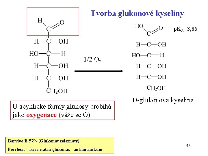 Tvorba glukonové kyseliny p. KA=3, 86 1/2 O 2 U acyklické formy glukosy probíhá