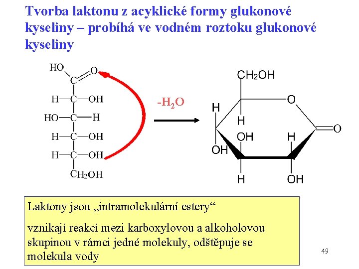 Tvorba laktonu z acyklické formy glukonové kyseliny – probíhá ve vodném roztoku glukonové kyseliny