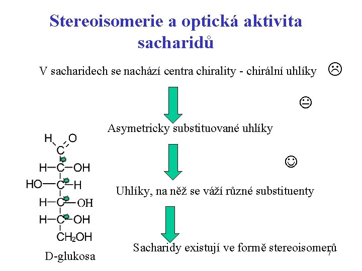 Stereoisomerie a optická aktivita sacharidů V sacharidech se nachází centra chirality - chirální uhlíky