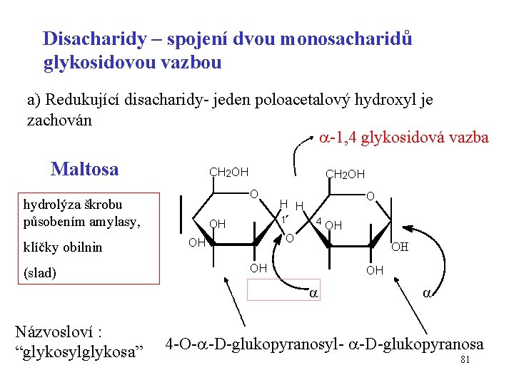 Disacharidy – spojení dvou monosacharidů glykosidovou vazbou a) Redukující disacharidy- jeden poloacetalový hydroxyl je