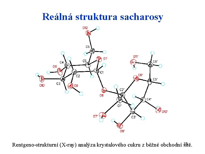 Reálná struktura sacharosy 88 Rentgeno-strukturní (X-ray) analýza krystalového cukru z běžné obchodní sítě. 