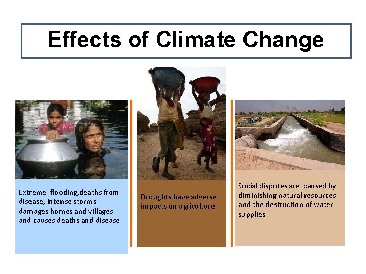 Effects of Climate Change Extreme flooding, deaths from disease, intense storms damages homes and