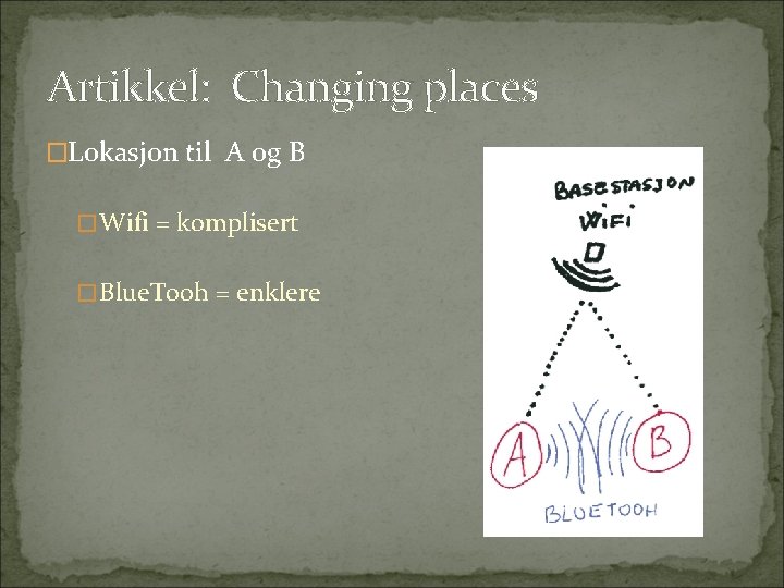 Artikkel: Changing places �Lokasjon til A og B �Wifi = komplisert �Blue. Tooh =