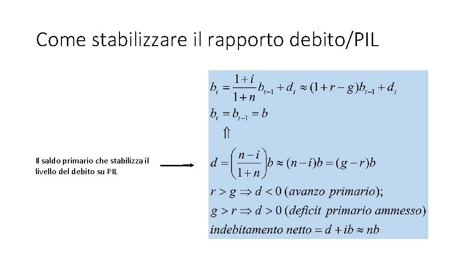 Come stabilizzare il rapporto debito/PIL Il saldo primario che stabilizza il livello del debito