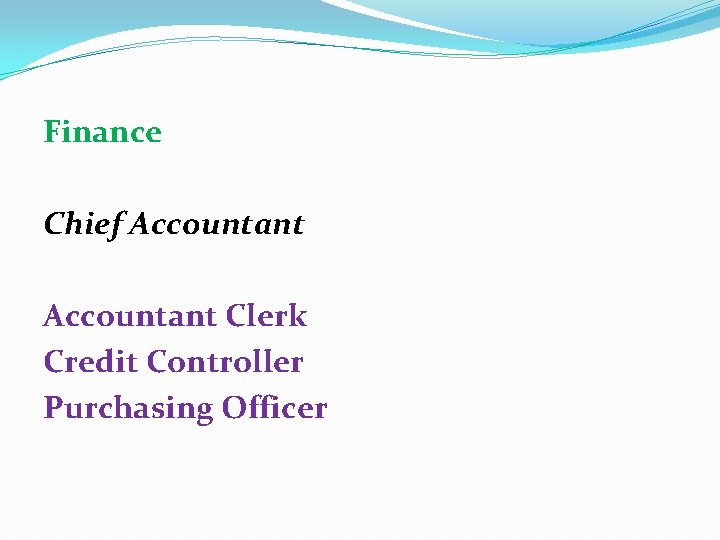 Finance Chief Accountant Clerk Credit Controller Purchasing Officer 