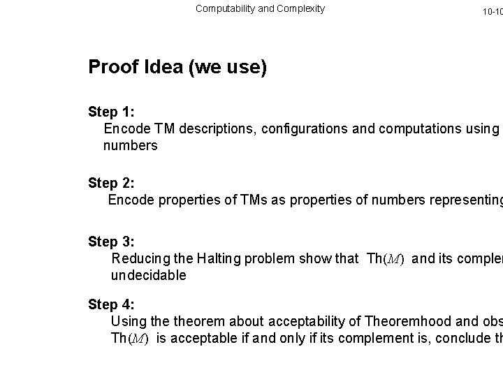 Computability and Complexity 10 -10 Proof Idea (we use) Step 1: Encode TM descriptions,