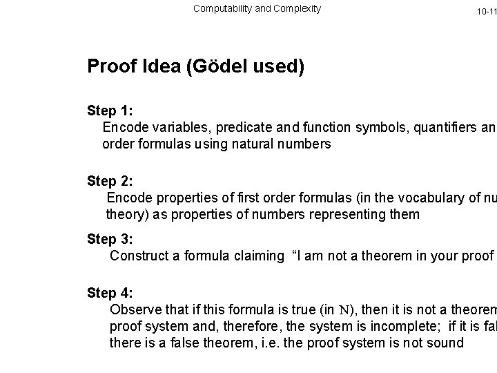 Computability and Complexity 10 -11 Proof Idea (Gödel used) Step 1: Encode variables, predicate