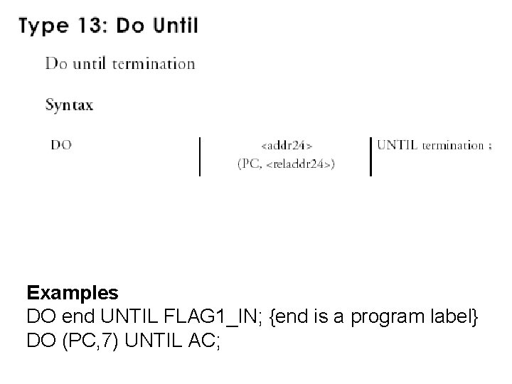 Examples DO end UNTIL FLAG 1_IN; {end is a program label} DO (PC, 7)
