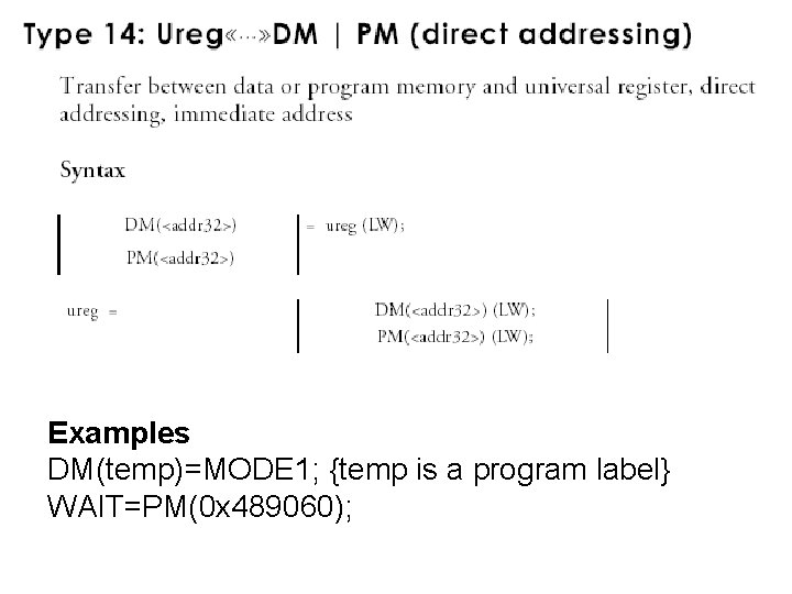 Examples DM(temp)=MODE 1; {temp is a program label} WAIT=PM(0 x 489060); 