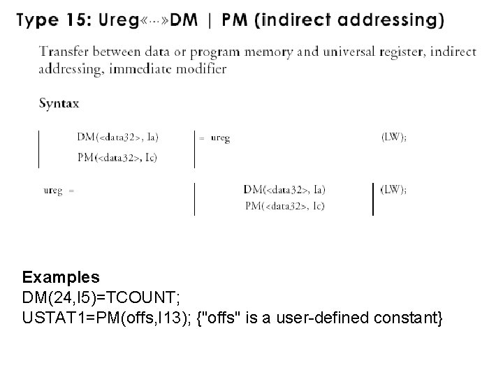 Examples DM(24, I 5)=TCOUNT; USTAT 1=PM(offs, I 13); {"offs" is a user-defined constant} 