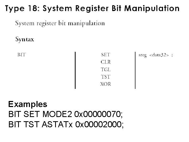 Examples BIT SET MODE 2 0 x 00000070; BIT TST ASTATx 0 x 00002000;