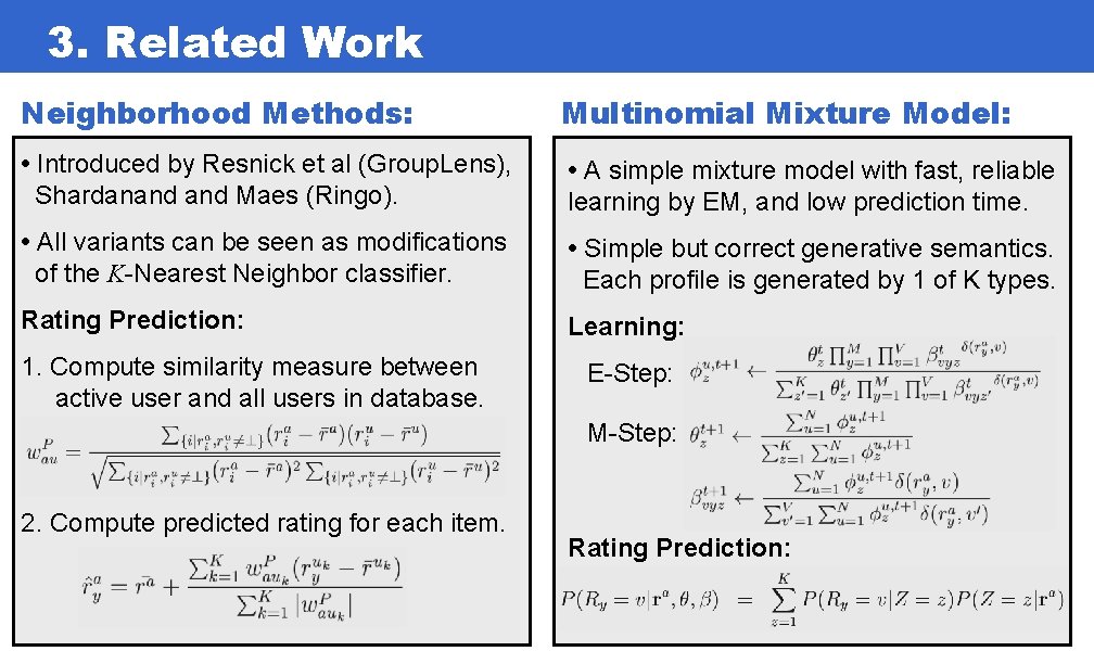 3. Related Work Neighborhood Methods: Multinomial Mixture Model: • Introduced by Resnick et al