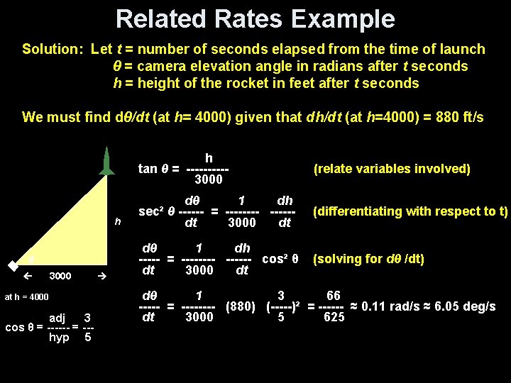 Related Rates Example Solution: Let t = number of seconds elapsed from the time