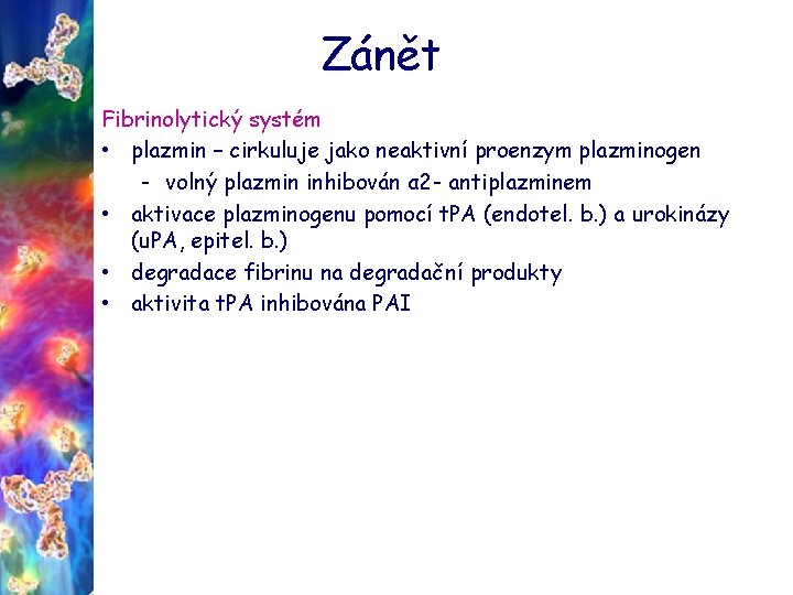 Zánět Fibrinolytický systém • plazmin – cirkuluje jako neaktivní proenzym plazminogen - volný plazmin
