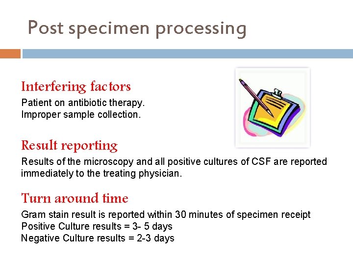 Post specimen processing Interfering factors Patient on antibiotic therapy. Improper sample collection. Result reporting