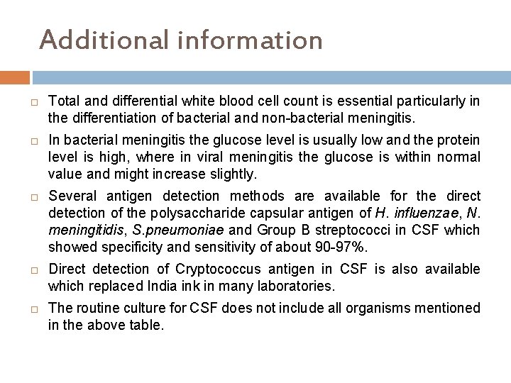 Additional information Total and differential white blood cell count is essential particularly in the