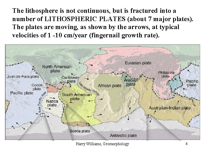 The lithosphere is not continuous, but is fractured into a number of LITHOSPHERIC PLATES