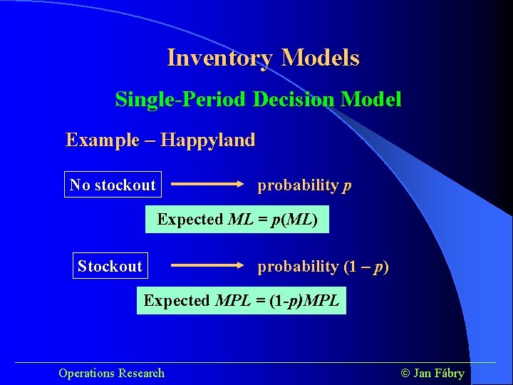 Inventory Models Single-Period Decision Model Example – Happyland No stockout probability p Expected ML