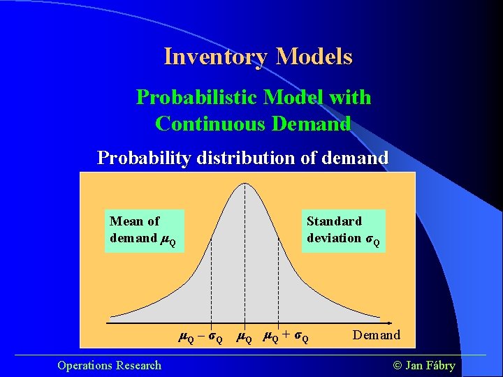 Inventory Models Probabilistic Model with Continuous Demand Probability distribution of demand Mean of demand