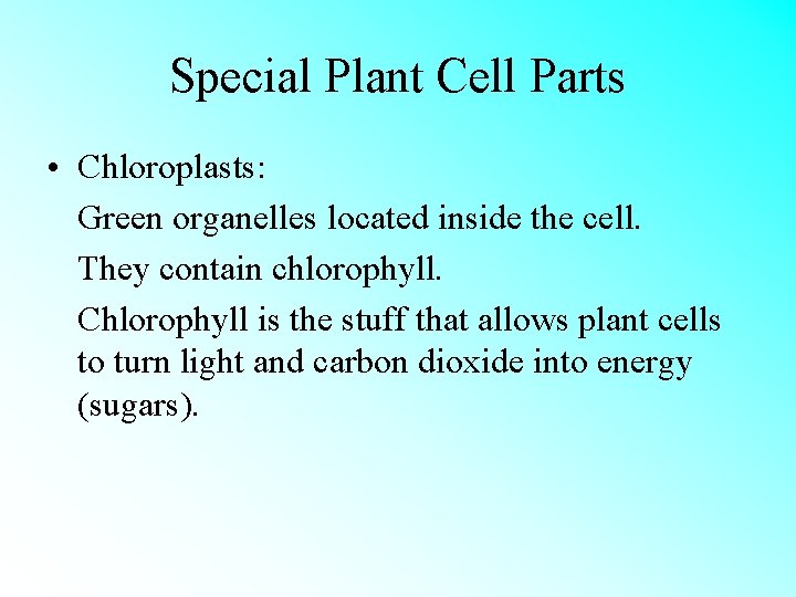 Special Plant Cell Parts • Chloroplasts: Green organelles located inside the cell. They contain