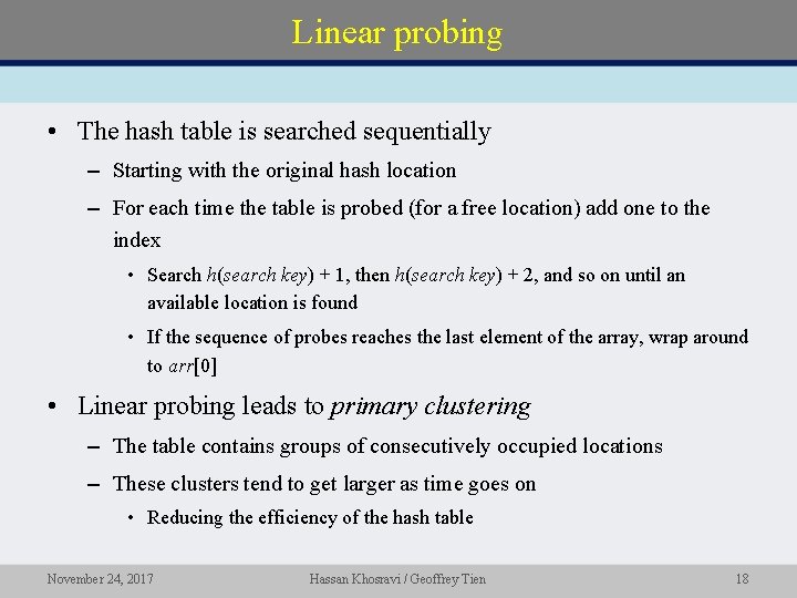 Linear probing • The hash table is searched sequentially – Starting with the original