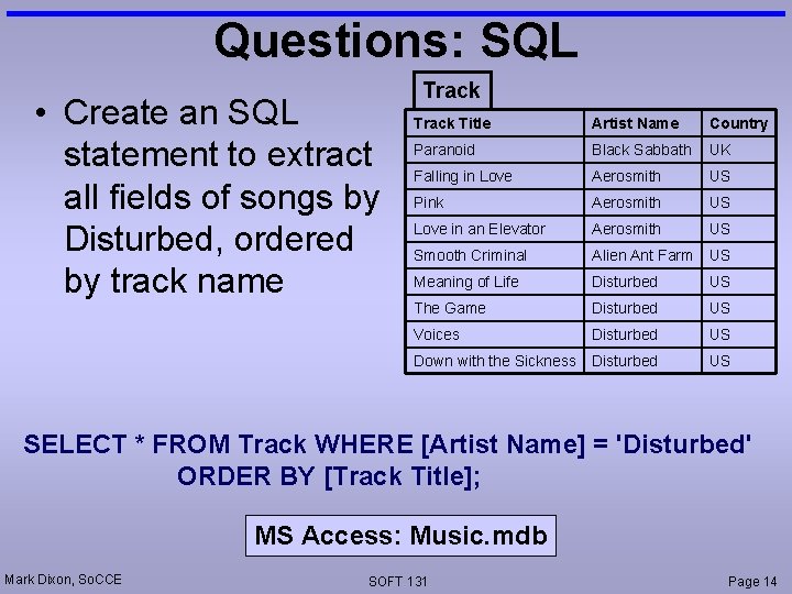 Questions: SQL • Create an SQL statement to extract all fields of songs by