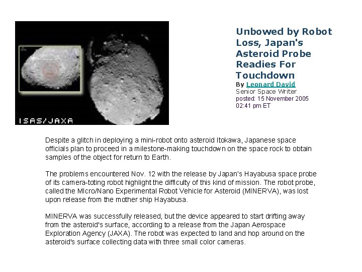 Unbowed by Robot Loss, Japan's Asteroid Probe Readies For Touchdown By Leonard David Senior
