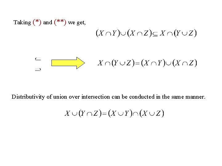 Taking (*) and (**) we get, Distributivity of union over intersection can be conducted