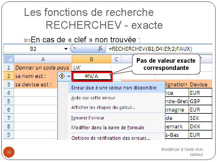 Les fonctions de recherche RECHERCHEV - exacte En cas de « clef » non