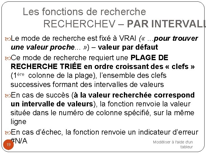 Les fonctions de recherche RECHERCHEV – PAR INTERVALL Le mode de recherche est fixé