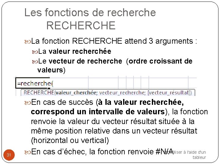 Les fonctions de recherche RECHERCHE La fonction RECHERCHE attend 3 arguments : La valeur