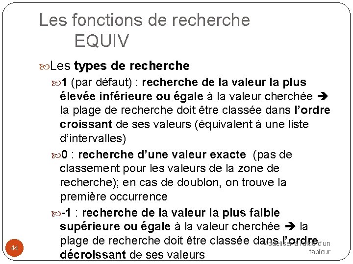 Les fonctions de recherche EQUIV Les types de recherche 1 (par défaut) : recherche