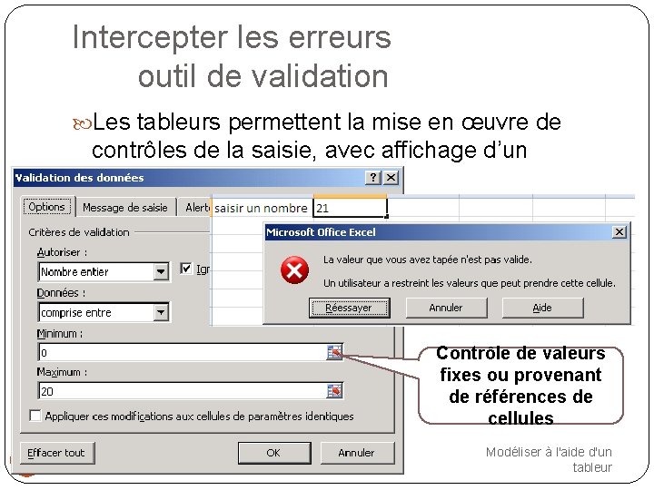 Intercepter les erreurs outil de validation Les tableurs permettent la mise en œuvre de