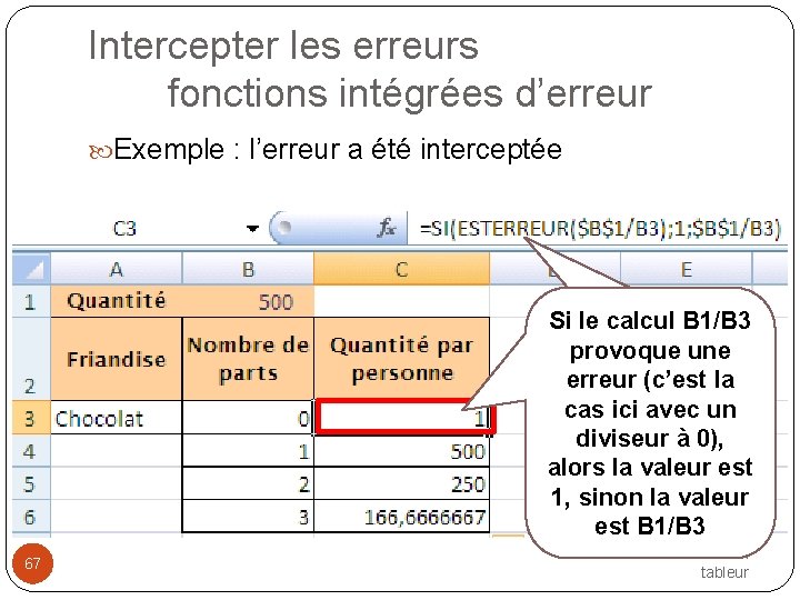 Intercepter les erreurs fonctions intégrées d’erreur Exemple : l’erreur a été interceptée Si le