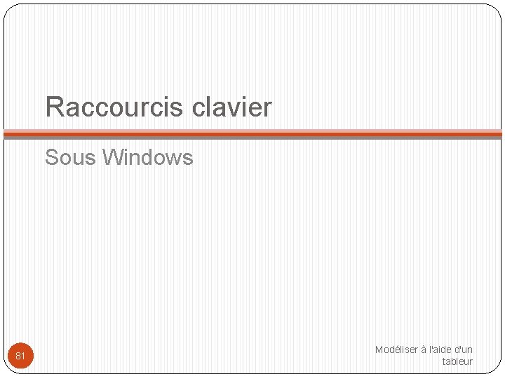 Raccourcis clavier Sous Windows 81 Modéliser à l'aide d'un tableur 