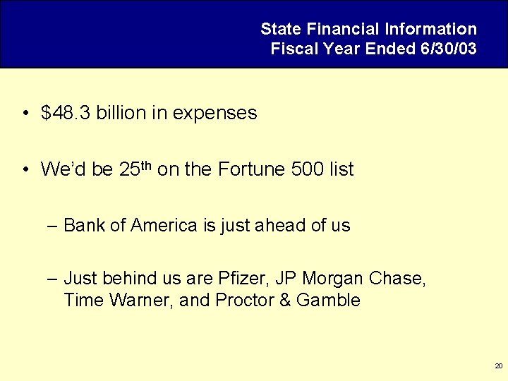 State Financial Information Fiscal Year Ended 6/30/03 • $48. 3 billion in expenses •